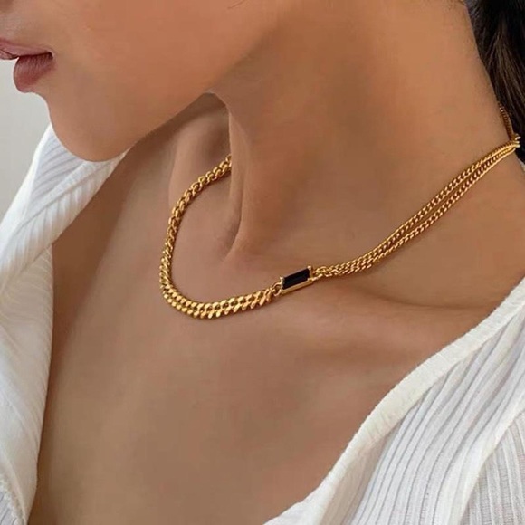 Thick Chain Necklace Gold, Black Onyx Necklace, Two Chain Necklace, Layerable - Picture 2 of 4